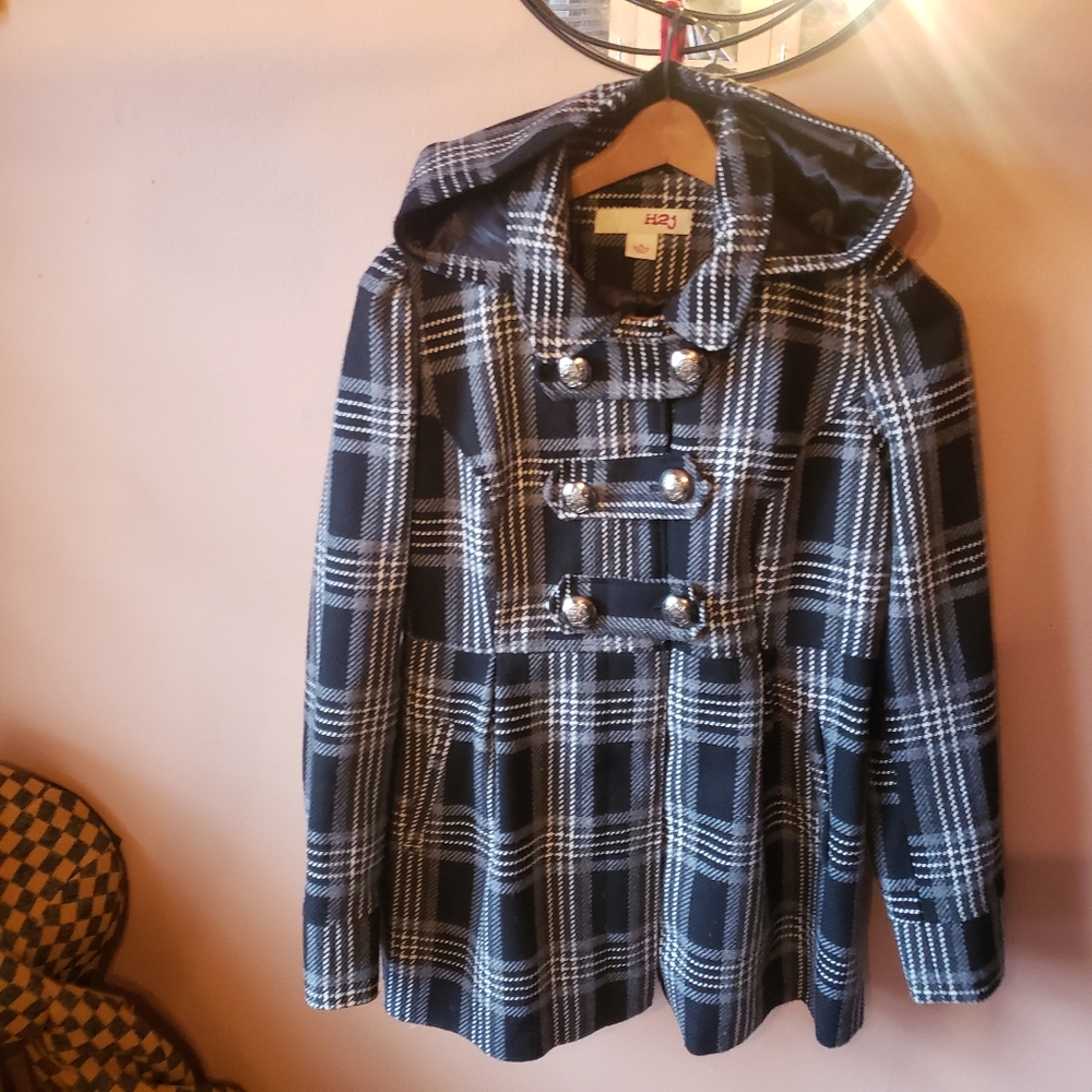 H2J Y2k hooded black plaid Grunge academia wool blend Military Peplum coat XL